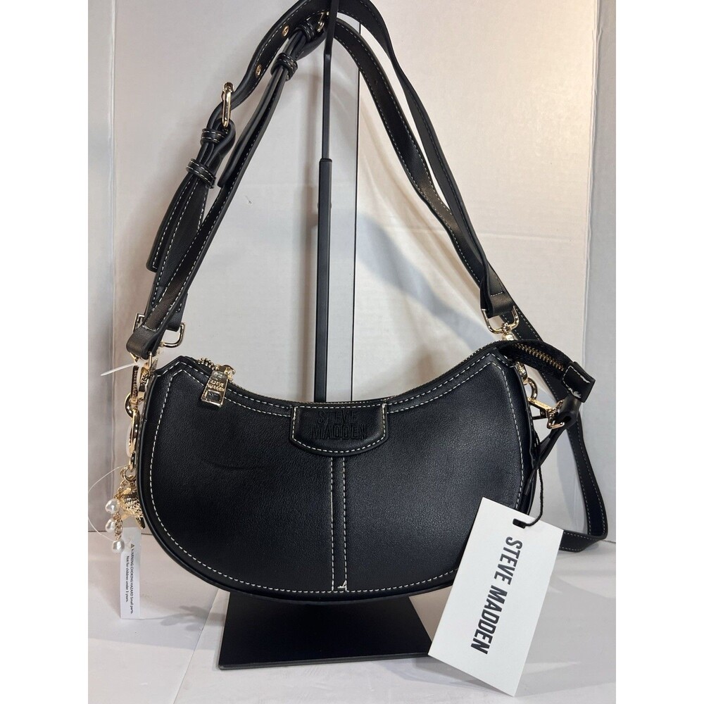 Steve Madden Crescent Crossbody Shoulder Bag Black 2 Straps Charm NWT